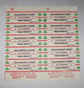 Guy Lombardo Full Sheet of 10 Jukebox Title Strips MacNamara's Band Irish Medley - Imagen 1 de 1
