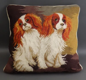Vintage Cavalier King Charles Spaniel Dog Wool Needlepoint & Velvet Pillow EUC - Picture 1 of 7