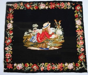 ANTIQUE BERLIN WORK NEEDLEPOINT PANEL, GIRL WITH RABBIT, 1850s - Picture 1 of 11