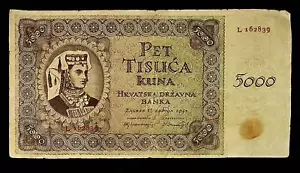 1943 WW2 CROATIA 5000 KUNA Banknote - Picture 1 of 2