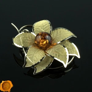 Elegant Large Baltic Amber Gemstone 18KGold Flower Gift Jewelry Brooch for Women - Picture 1 of 5