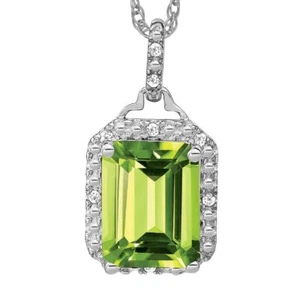 14K Solid White Gold Emerald-cut Peridot Diamond Halo Necklace - Picture 1 of 12