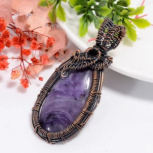 Charoite Gemstone Jewelry Copper Gift For Bridesmaid Wire Wrapped Pendant 2.5" - Picture 1 of 5