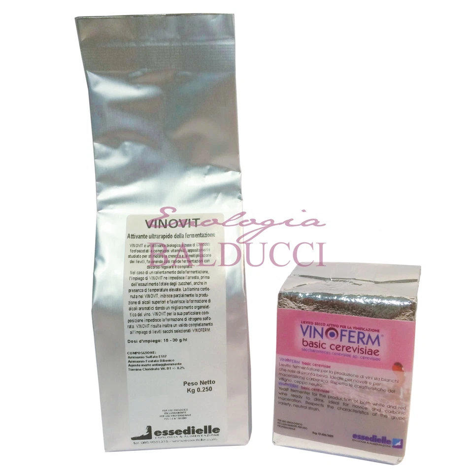- SENZA MARCA/GENERICO – KIT VINO FERMENTAZIONE UVA PER 500 L DI MOSTO:LIEVITO 100 GR + ATTIVANTE 200 GR