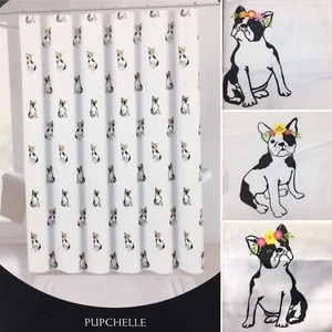 Cynthia Rowley Boston Terrier Dog Shower Curtain Floral French Bulldog Black - Picture 1 of 8