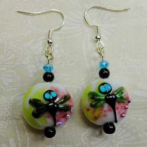 Libelle 2-seitig Glas Puff Rund Perlen Silber Fisch Haken Ohrhänger Neu - Bild 1 von 2