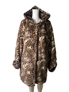 Dennis Basso Animal Print Jacket Coat Size Medium Womens EU42 Brown Hooded Soft - Picture 1 of 14