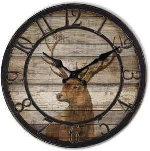 Wood Deer Clocks for Living Room round Silent Wall Clock Vintage Decoration Time - Picture 1 of 7