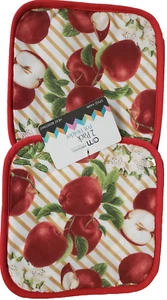 Set aus 2 gleich bedruckten Topflappen (7"x7") ROTE ÄPFEL, HÄLFTEN & BLUMEN, rote Rückseite, AM - Bild 1 von 5