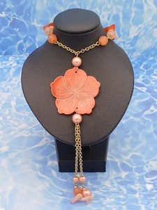 Beautiful Gold Tone & Pink/Peach Mother Of Pearl Flower Beaded Y Drop Necklace - Picture 1 of 16