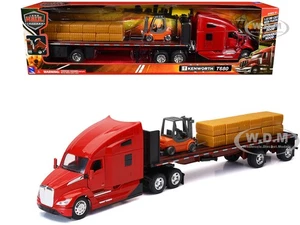 KENWORTH T680 TRUCK RED W/FLATBED & FORKLIFT 1/32 DIECAST MODEL BY NEW RAY 12753 - Picture 1 of 3