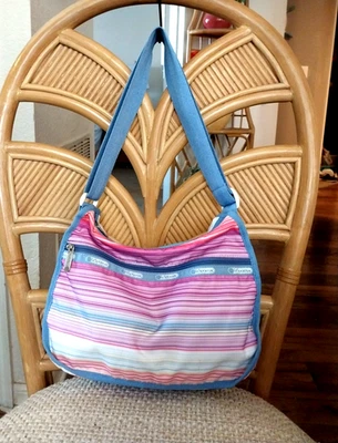 LESPORTSAC Cute Blue and Pink Stripe Deluxe Everyday Shoulder Crossbody Hobo Bag - Image 1 of 4