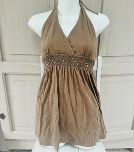 EXPRESS Boho Neckholder Tunika Kleid Top Bluse Vintage braun Perlen Herbst ~ Medium - Bild 1 von 2