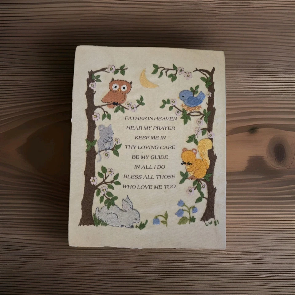 Vintage Hand Embroidery God Father Prayer Finished Unframed Children Animals - Image 1 of 1