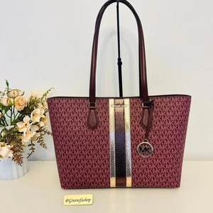 NWT Michael Kors Sheila L Signature Metallic Tote Bag MK Oxblood Shoulder Bag - Picture 1 of 10