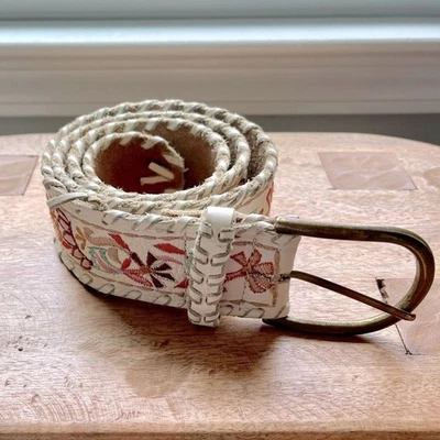Cinturón Boho Hippie Floral Tejido Bordado Cuero Blanco Y2K Foto 1 de 4