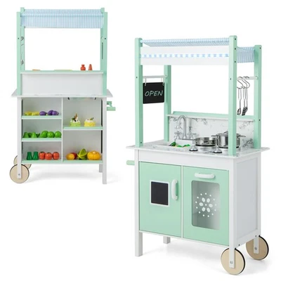 Double-Sided Pretend Play Kitchen Kids Grocery Stand w/ Pushing Handle & Cabinet - Photo 1/4