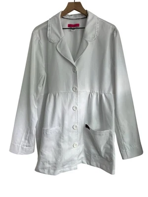 Abrigo de laboratorio Betsey Johnson XL para mujer blanco enebro 2 bolsillos botones delanteros Foto 1 de 4