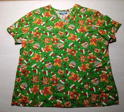 Christmas Scrub TOP Women Gingerbread Men, Santa Hats, Holly Mistletoe XL No Tag - Image 1 of 4