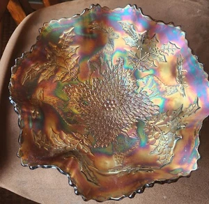 Impresionante Color AZUL Fenton Vidrio Carnaval Ciervo y Tazón Profundo Acebo - Imagen 1 de 5