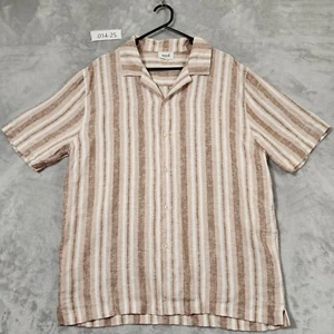 SEED HERITAGE LINEN SHIRT WOMENS SIZE L STRIPE TAN S/SLEEVE BUTTON UP TOP - Picture 1 of 12