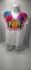 Mexican Floral Embroidered Women's Black Blouse Shirt Peasant Top - Picture 1 of 5