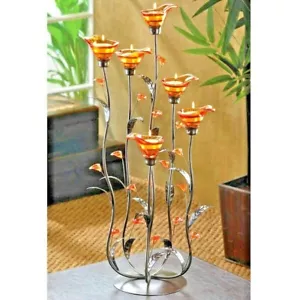 Amber Calla Lily Candelabra 6 Glass Tealight Cups Candle Holder Accent 24" H - Picture 1 of 8