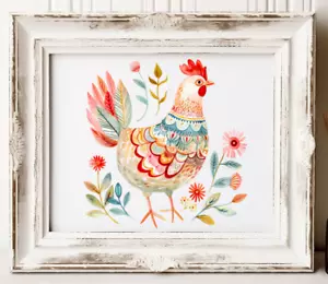 Chicken Folk Art Print, Chicken Wall Art Decor, Botanical Nature Art Print #66 - Picture 1 of 2