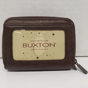 BUXTON Leather Multi Pocket Fan Credit Card Holder 2 Zippers Around Wallet Brown - Picture 1 of 7