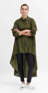 ELK olive green organic cotton Flikrin hi lo maxi oversize shirt top / sz 10 - Picture 1 of 11