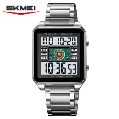 SKMEI Male Rectangle Dial Digital Sport Watch Stainless Steel LED Wristwatch - Image 1 of 4