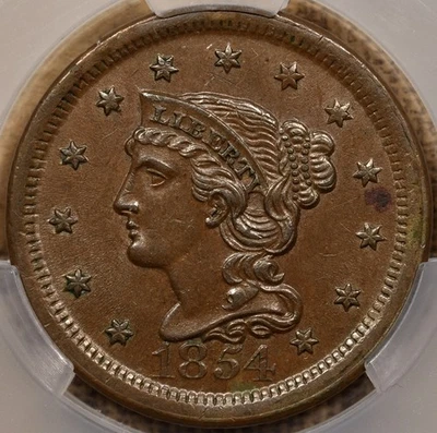 1854 Braided Hair Large cent, CACG AU58 BN, milk chocolate! DavidKahnRareCoins - Image 1 of 4