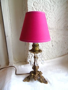 French table lamp brass base crystals with fabric shade vintage decoration - Picture 1 of 9