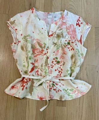 Emma James Floral Linen Peplum Top Women’s Size 14 Cap Sleeve Coquette Girly - Image 1 of 4