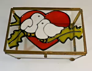 Vintage Stained Glass Brass Jewelry Box Trinket Box Red Heart White Birds - Picture 1 of 8