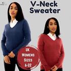 Womens V Neck Knitted Jumper Long Sleeved Ladies Polycotton Pullover Sweater Top