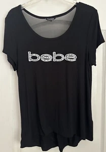 Bebe Sport~Short Sleeve Activewear Upper Back Mesh T Shirt Top Black w/Logo~sz M - Picture 1 of 11