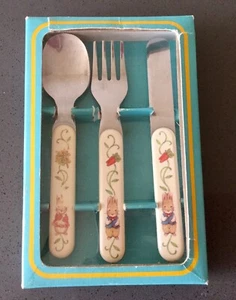 Vintage Bunny Rabbit Child's Knife Fork Spoon Set Original Box Pecoware - Picture 1 of 12