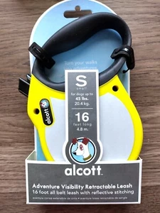 Small Alcott Retractable Dog Leash Flat Belt Neon Yellow with Reflective Accents - Picture 1 of 4