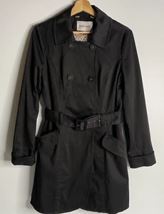 Table Eight Trench Coat Women 8 Black Short Spotty Lining Attached Belt Pockets - Picture 1 of 24