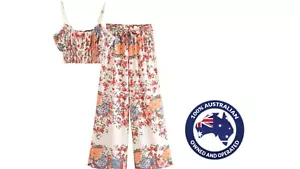 Womens Cream Red Floral Outfit Singlet Top Boho Long Wide Leg 2 Piece set - Picture 1 of 14
