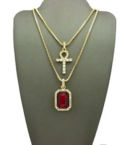 MENS ANKH CROSS RED Stone PENDANT BOX CHAIN SET NECKLACE HIP HOP - Picture 1 of 22