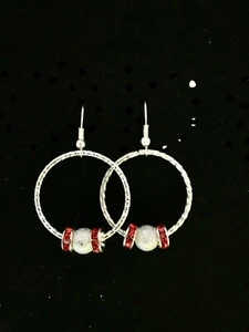 Silver Hoop Earrings with embellished with red/Jewelry Artisan Designed Fashion - Picture 1 of 4