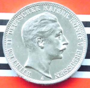 GERMAN 3 Mark 1911 A PRUSSIA KAISER WILHELM II Silver Coin EMPIRE WW1 RARE UNC - Picture 1 of 9
