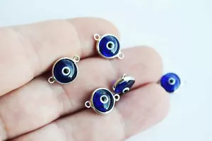 Set Of 10 Blue Evil Eye Charms, Turkish Evil Eye Beads Silver Plated Connectors - Picture 1 of 5