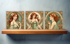 Azulejos de cerámica Art Nouveau para mujer - Juego de 3 azulejos de decoración de pared Art Nouveau - Imagen 1 de 5