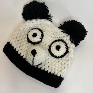 New Hand Crocheted Knit Panda Beanie Hat Black White Funky Unique Pom Pom Ears - Picture 1 of 4