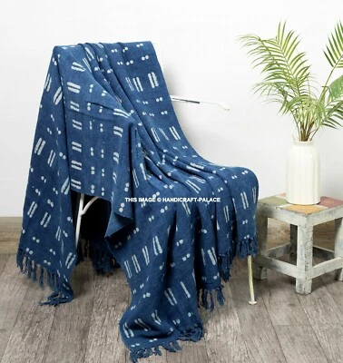 Hand Block Print Blanket Indigo Rust Mudcloth Bed Throw Handmade Cotton Shawl - Image 1 of 3