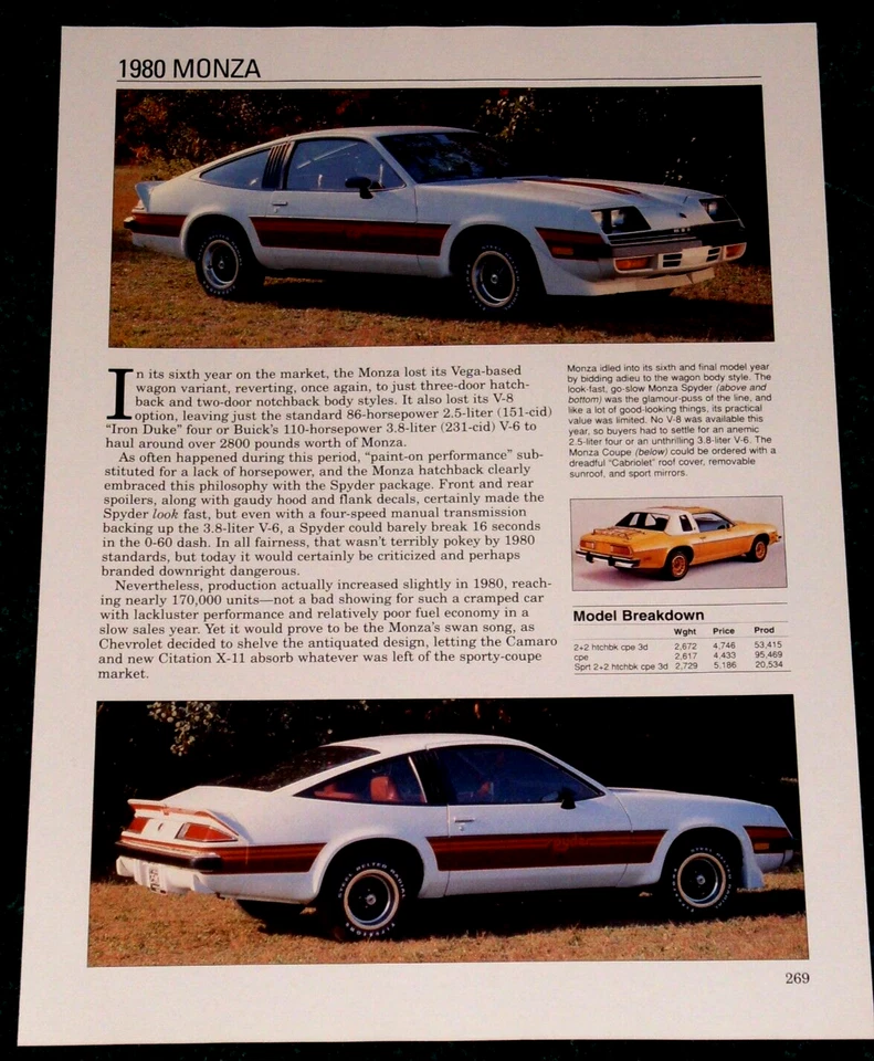 1980 CHEVY MONZA SPEC SHEET INFO PHOTO PRINT 80 SPYDER COUPE NOTCHBACK★★ - Image 1 of 1