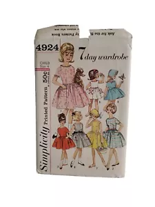 Vintage 60s Simplicity 4924 Girls 4 DRESS & BONNET 7 Day Wardrobe Pattern RETRO - Picture 1 of 3